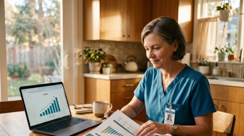 A nurse in scrubs reviewing retirement planning documents at a desk with a calculator and financial charts