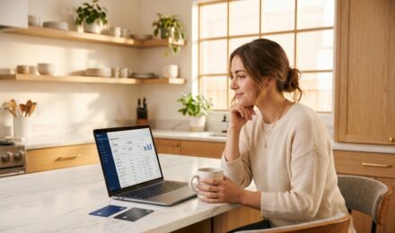 Person reviewing multiple bank account statements on a laptop next to a notebook with a savings goal written down