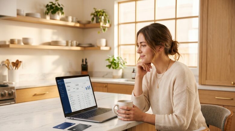 Person reviewing multiple bank account statements on a laptop next to a notebook with a savings goal written down