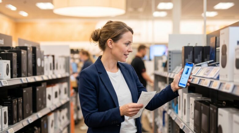 Shopper comparing prices on a smartphone while standing in a retail store aisle