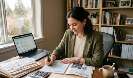 Person calculating quarterly estimated taxes at a desk with IRS forms and a calendar showing due dates