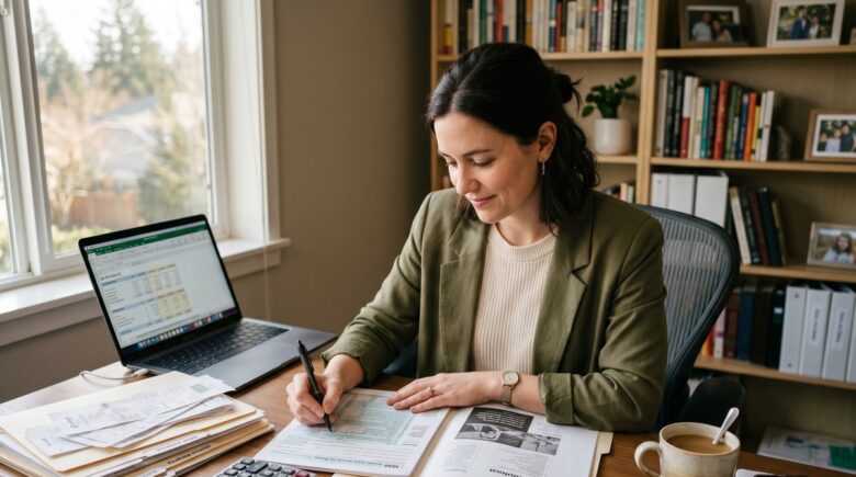 Person calculating quarterly estimated taxes at a desk with IRS forms and a calendar showing due dates
