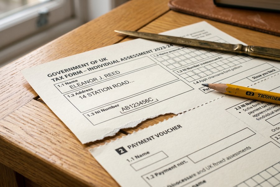 IRS Form 1040-ES with quarterly payment vouchers and calculation worksheet on a desk