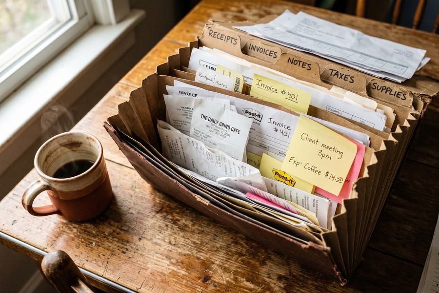 Freelancer reviewing quarterly tax deductions and receipts on laptop with tax forms nearby