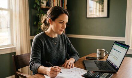 W-2 employee reviewing pre-tax payroll deduction options on a laptop alongside a pay stub and tax documents