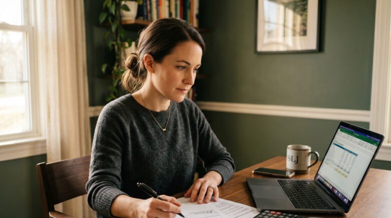W-2 employee reviewing pre-tax payroll deduction options on a laptop alongside a pay stub and tax documents