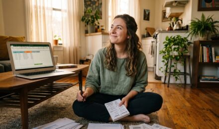 A renter reviewing monthly bills and subscriptions at a kitchen table with a laptop and notebook