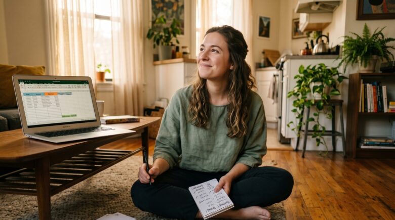 A renter reviewing monthly bills and subscriptions at a kitchen table with a laptop and notebook