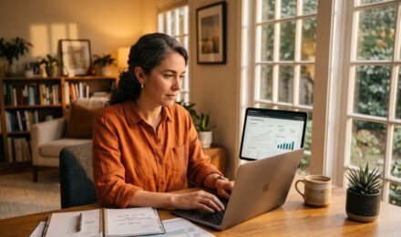 Self-employed freelancer reviewing retirement plan options on laptop at home office desk