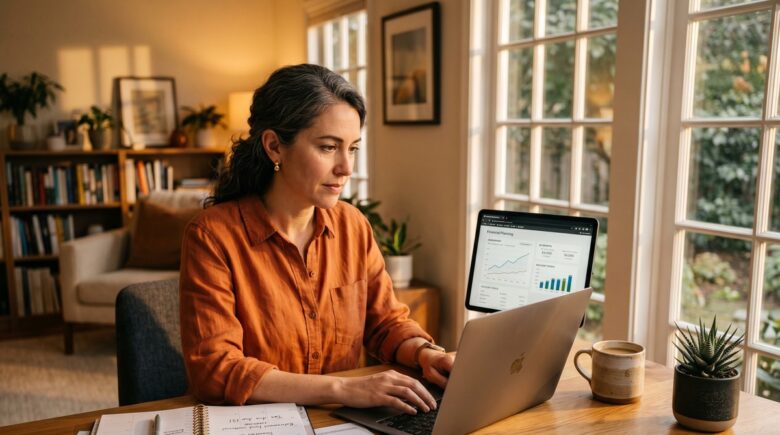 Self-employed freelancer reviewing retirement plan options on laptop at home office desk