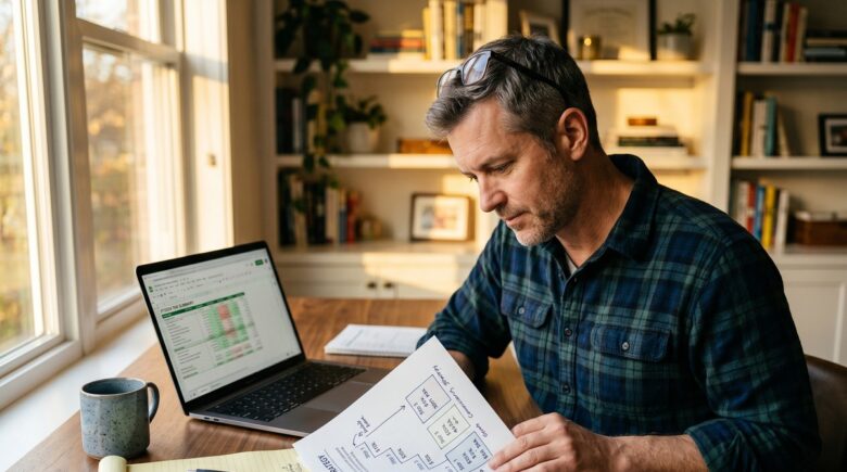 Person reviewing a Roth conversion ladder tax strategy on a financial planning worksheet