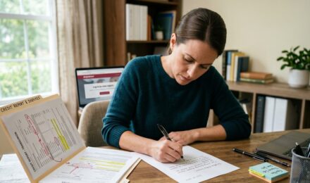 Person reviewing a credit report with a printed dispute letter on a desk beside a laptop