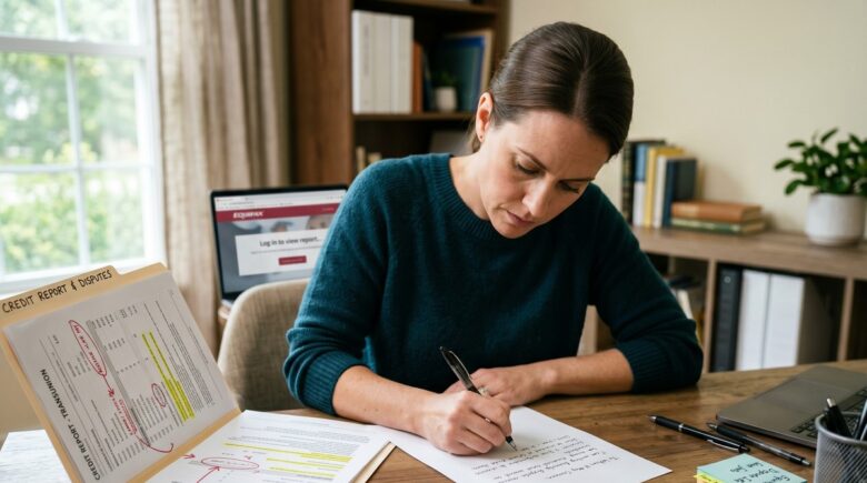 Person reviewing a credit report with a printed dispute letter on a desk beside a laptop