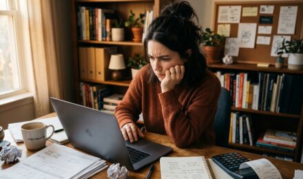 Freelancer reviewing tax documents and quarterly payment schedule at a home office desk