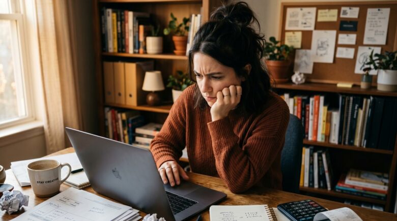 Freelancer reviewing tax documents and quarterly payment schedule at a home office desk