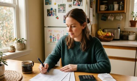 A person sitting at a kitchen table reviewing a household budget on a laptop with a notebook and calculator nearby