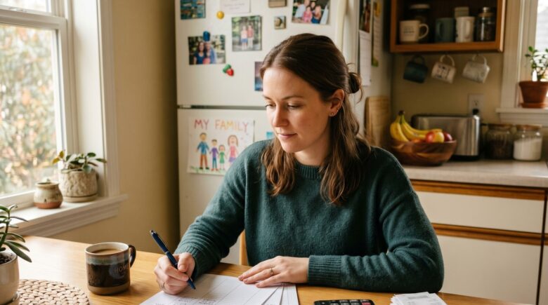 A person sitting at a kitchen table reviewing a household budget on a laptop with a notebook and calculator nearby