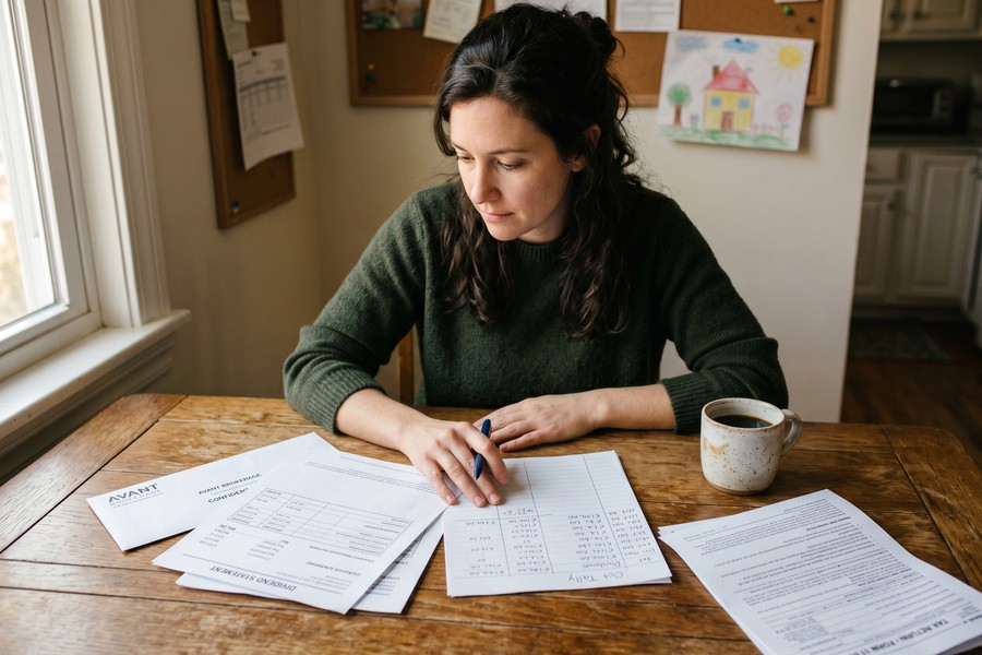 Single-income household reviewing monthly budget spreadsheet at kitchen table