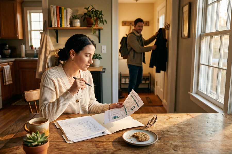 Couple reviewing retirement savings chart and IRA contribution worksheet together