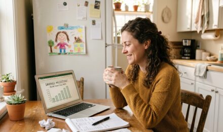 Single mother sitting at a kitchen table reviewing her budget and savings progress on a laptop