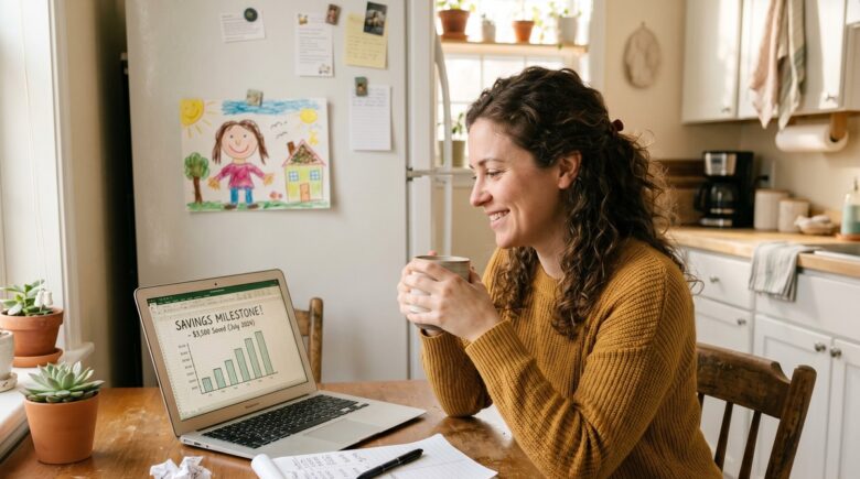 Single mother sitting at a kitchen table reviewing her budget and savings progress on a laptop