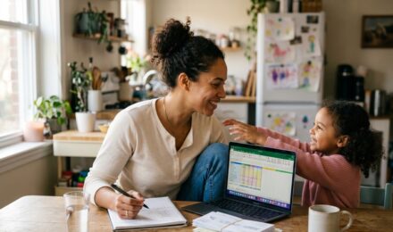 Single mother reviewing her budget and debt payoff plan at a kitchen table with bills and a laptop