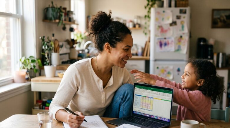 Single mother reviewing her budget and debt payoff plan at a kitchen table with bills and a laptop