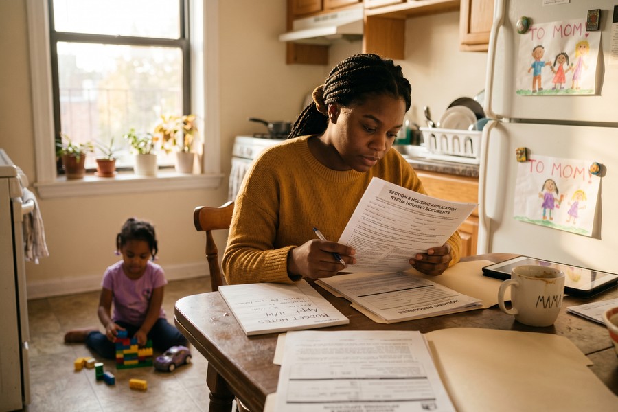 Single mom reviewing benefit eligibility documents and a monthly budget spreadsheet at a kitchen table