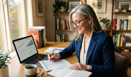 A single woman in her 50s reviewing retirement savings documents at a desk with a laptop and financial statements