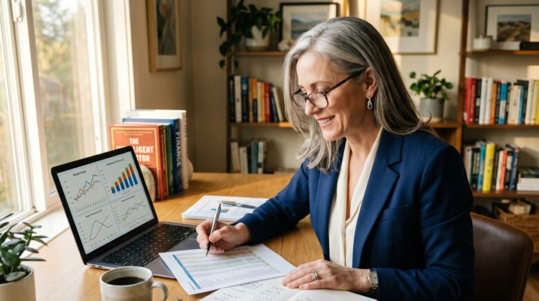 A single woman in her 50s reviewing retirement savings documents at a desk with a laptop and financial statements