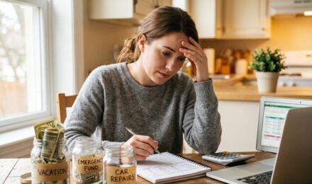 Person reviewing a budgeting spreadsheet with multiple labeled savings categories on a laptop at a home desk