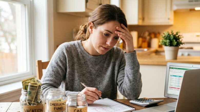 Person reviewing a budgeting spreadsheet with multiple labeled savings categories on a laptop at a home desk
