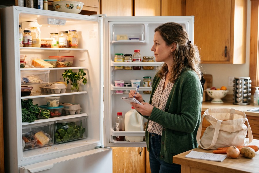Organized refrigerator with labeled containers showing meal prep and food storage system