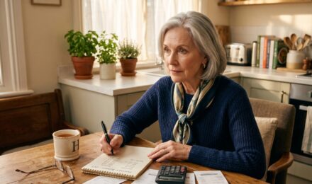 Senior couple reviewing their monthly budget and financial documents at a kitchen table