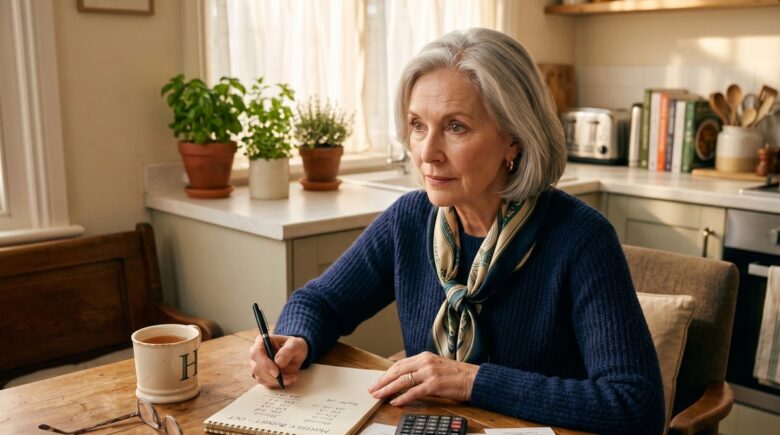 Senior couple reviewing their monthly budget and financial documents at a kitchen table