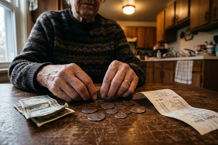 Elderly couple reviewing monthly bills and Social Security statement at kitchen table