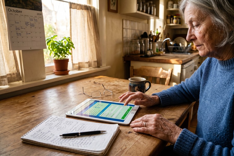 Senior woman using laptop at home to search for government benefit programs