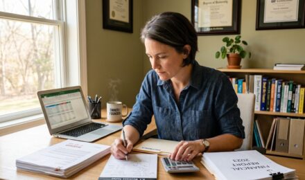 Small business owner reviewing financial documents comparing sole proprietorship and LLC tax structures at a desk