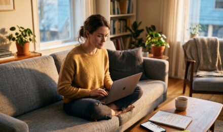 Person reviewing bank and credit card statements on a laptop to identify and cancel unused subscription charges