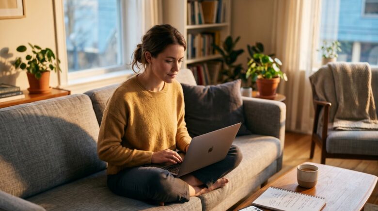 Person reviewing bank and credit card statements on a laptop to identify and cancel unused subscription charges