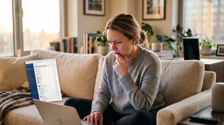 Person reviewing bank statement on laptop with multiple subscription billing charges highlighted