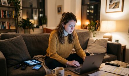Person reviewing monthly subscription charges on a laptop next to a credit card statement