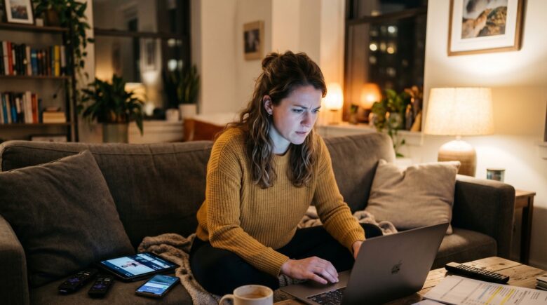 Person reviewing monthly subscription charges on a laptop next to a credit card statement