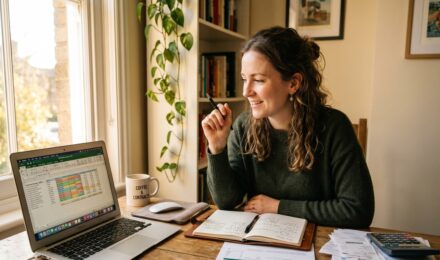 Freelancer reviewing tax credits and deductions on laptop with tax documents on desk