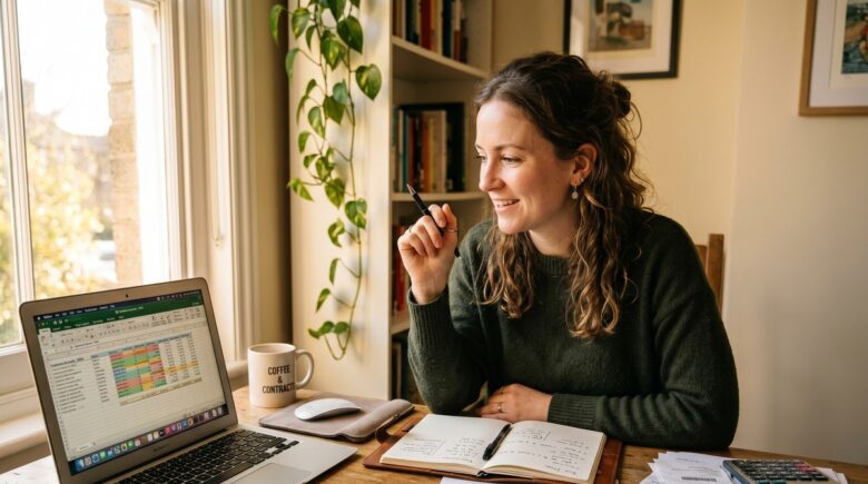 Freelancer reviewing tax credits and deductions on laptop with tax documents on desk