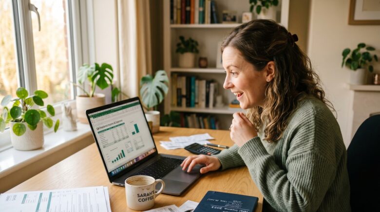 A freelancer reviewing tax documents at a desk with a calculator and laptop, searching for overlooked tax credits