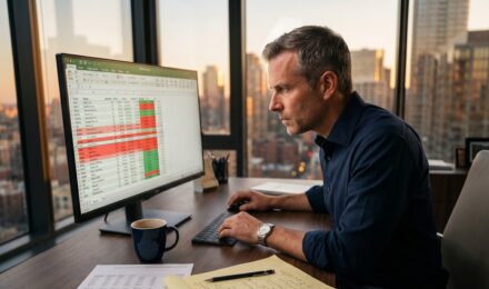 Investor reviewing portfolio losses on a laptop screen to plan tax-loss harvesting strategy