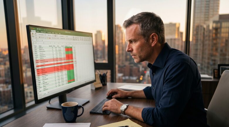Investor reviewing portfolio losses on a laptop screen to plan tax-loss harvesting strategy