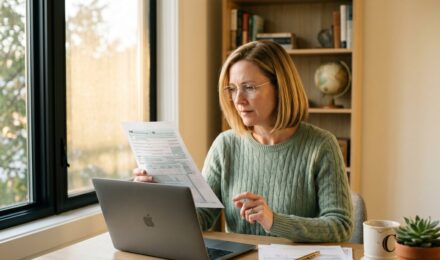 Person sitting at a desk comparing tax software on a laptop with a folder of documents from a tax professional