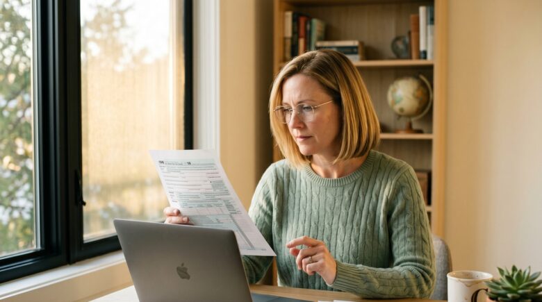 Person sitting at a desk comparing tax software on a laptop with a folder of documents from a tax professional